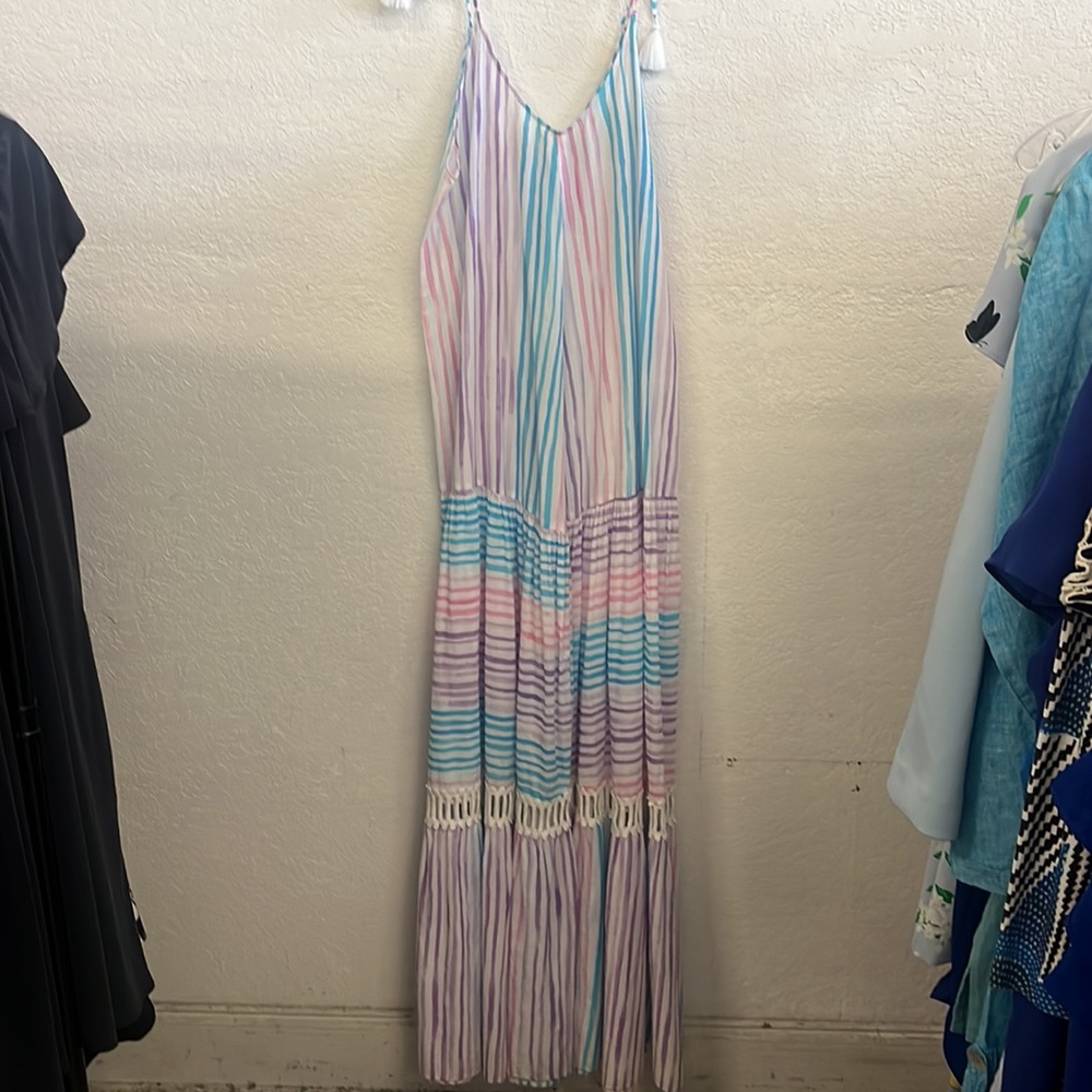 BINDU Angelica Size Small Turquoise and White Striped Maxi Dress Sundress - Picture 8 of 9